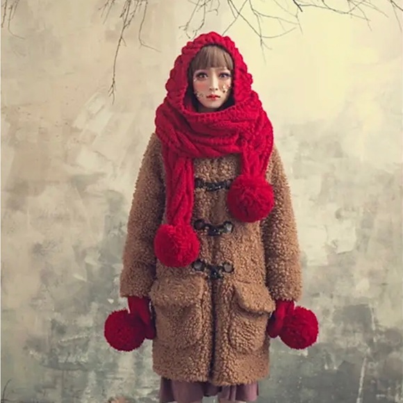 ❤️Red Riding Hood/Scarf with Mittens. - Picture 1 of 4